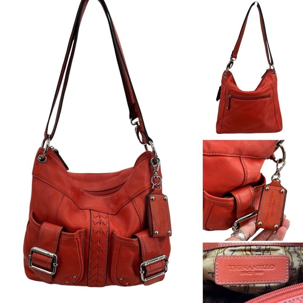 Tignanello Pebbled Leather Coral Shoulder Bag Y2K Mirror Hangtag